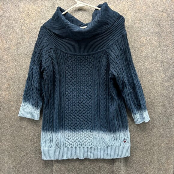 Tommy Hilfiger Sweater Womens XXL Blue Cable Knit Cowl Neck Tie Dye Fleece - Picture 1 of 13